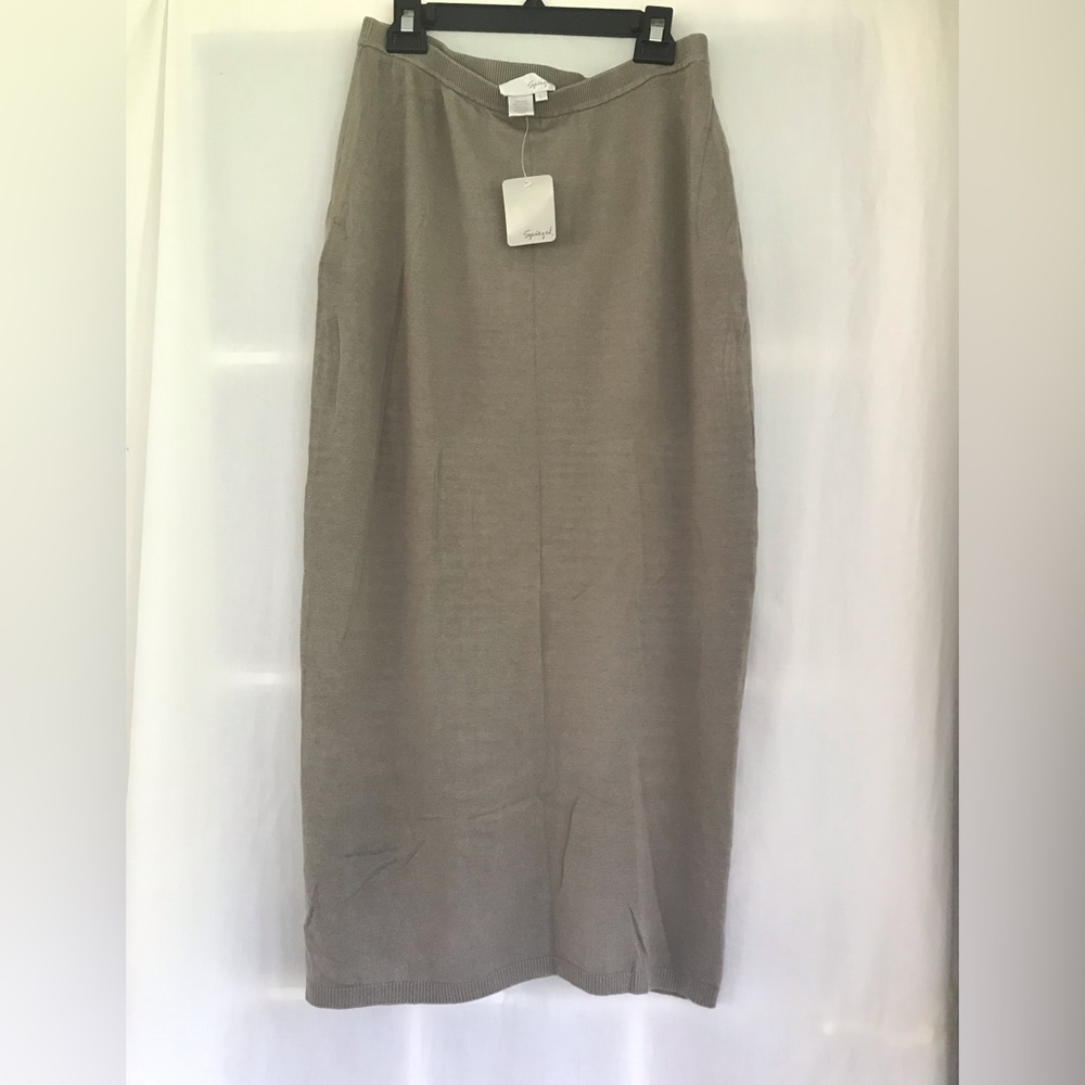Spiegel Stretch Knit Silk Blend Pencil Maxi Skirt Taupe Size L NWT